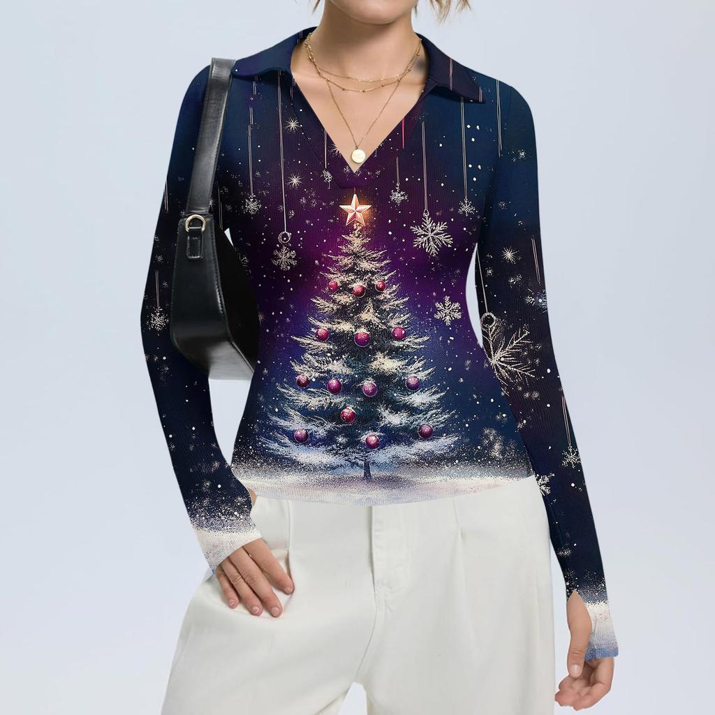 Damenmode Lässig Weihnachts-Print V-Ausschnitt Langarm Knopfleiste Oberteil