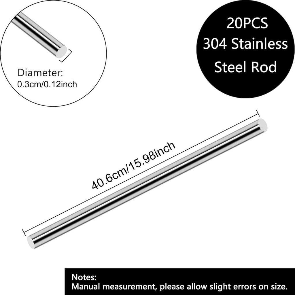 20Pcs Stainless Steel Round Rod DIY Craft, Smooth 40.6cm Shaft Rods for Industry Hobbies, Short