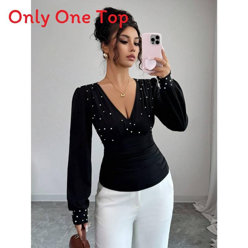 Elegant Long Sleeve T Shirt With Pearl Embellishments For Office Wear