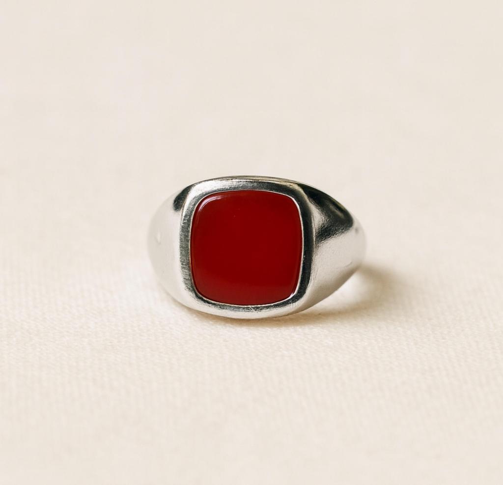 Red Carnelian Signet Ring, 925 Sterling Silver, Handmade Cushion Shape Gemstone Jewelry