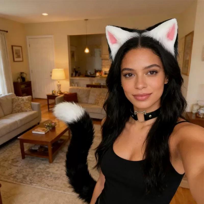 Cosplay Furry Ear Headband Tail Set With Bell Collar Anime Fans Adult Costume Accessories