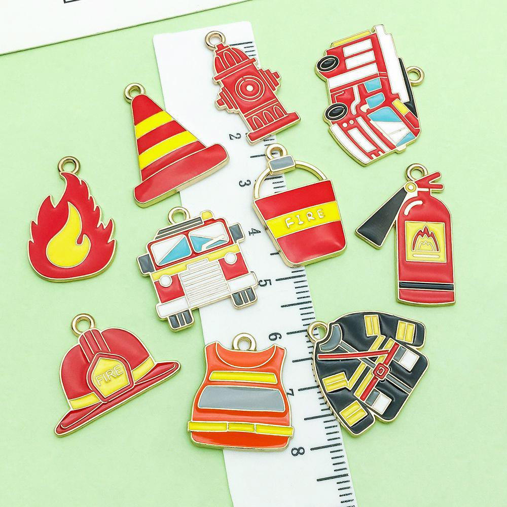 10-Color Enamel Fire Truck & Flame Pendant Charms for DIY Jewelry