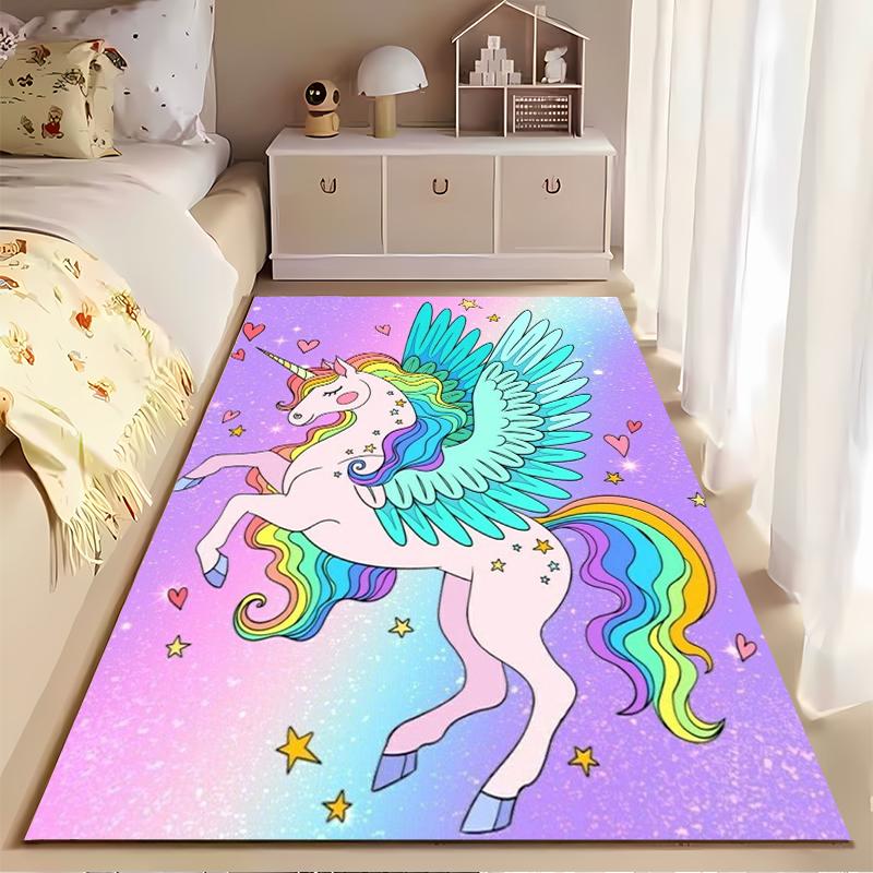 Colorful Unicorn with Wings and Rainbow Design - Non-slip Rug Suitable for Living Room and Bedroom Sofas