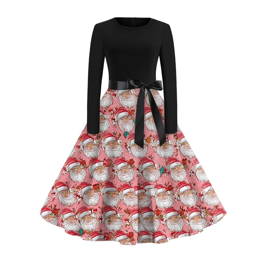 Women's Fashionable And Elegant Autmn And Winter Long-sleeved Round Neck Christmas Print Dress