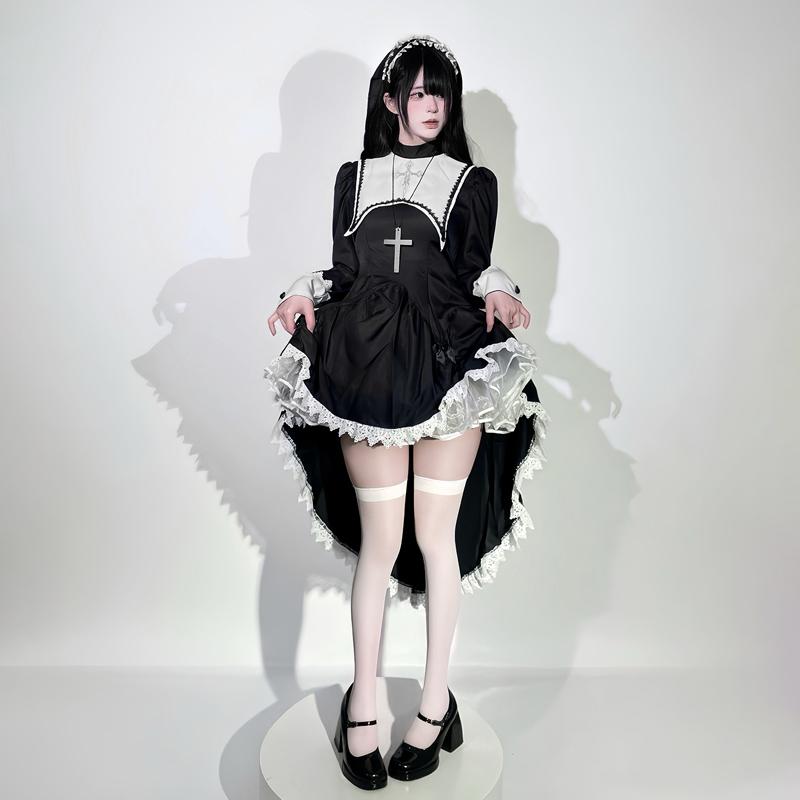 Anime Cosplay Costume Dark Sweet and Cool Embroidered Cross Halloween Nun Costume COS Costume
