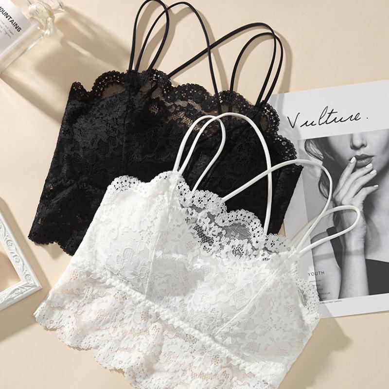 Sexy Floral Lace Camisole with Padded Bra for Women Thin Backless Tube-top No Underwire Bra