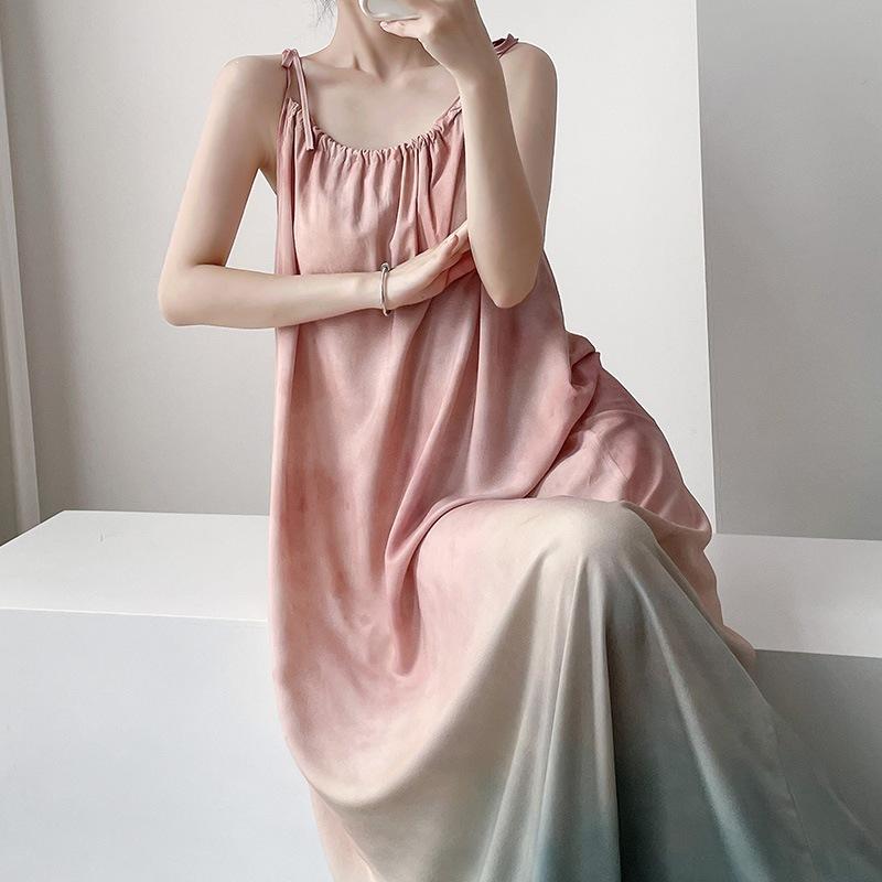 Cotton silk nightdress casual holiday wind gradual change color printing long dress loose suspenders summer dress pajamas