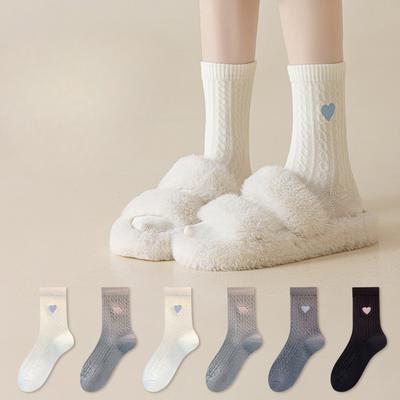 Damen Mid-Calf Socken für Herbst und Winter, Frotteesocken, Herzbestickte Lange Wadensocken, Verdickte Warme Baumwollsocken für Frühling und Herbst