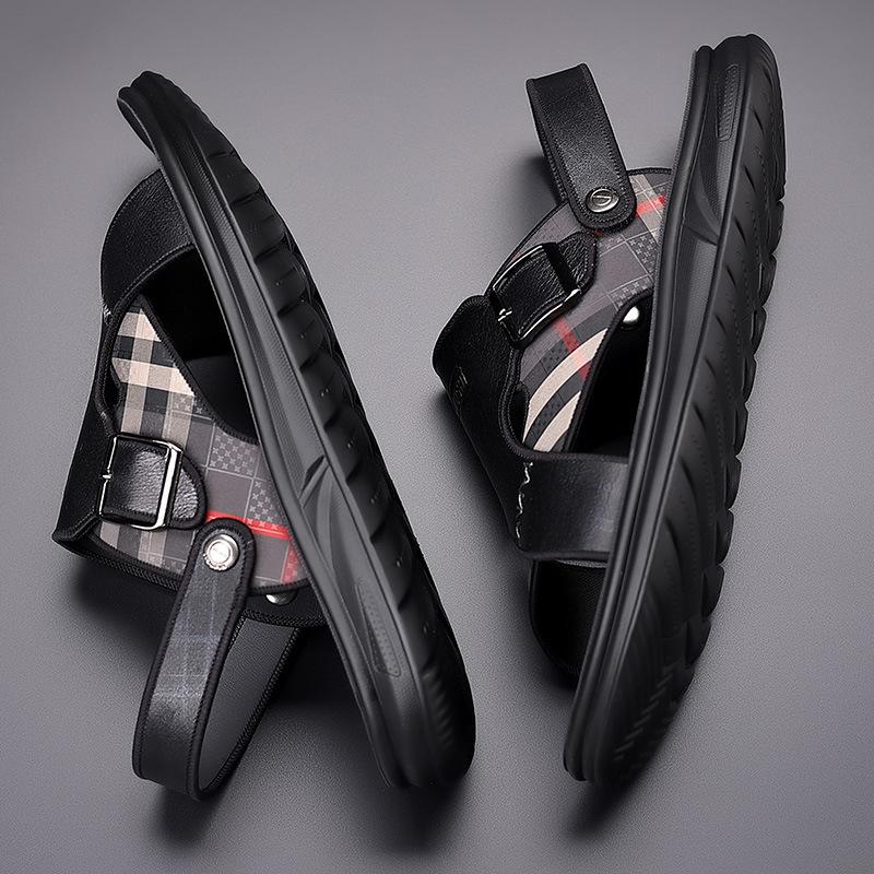 Herrsandaler i äkta läder, sandaler i kohud för utomhusbruk, trendiga strandsandaler för dubbla ändamål med öppen tå, herrskor för fritiden, Sandalias Hombre