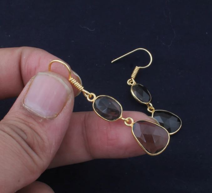 

Дымчатый кварц 14k позолоченный для женщин, серьга с дымчатым драгоценным камнем для нее, позолоченные латунные серьги, серьги ручной работы для женщин ювелирные изделия