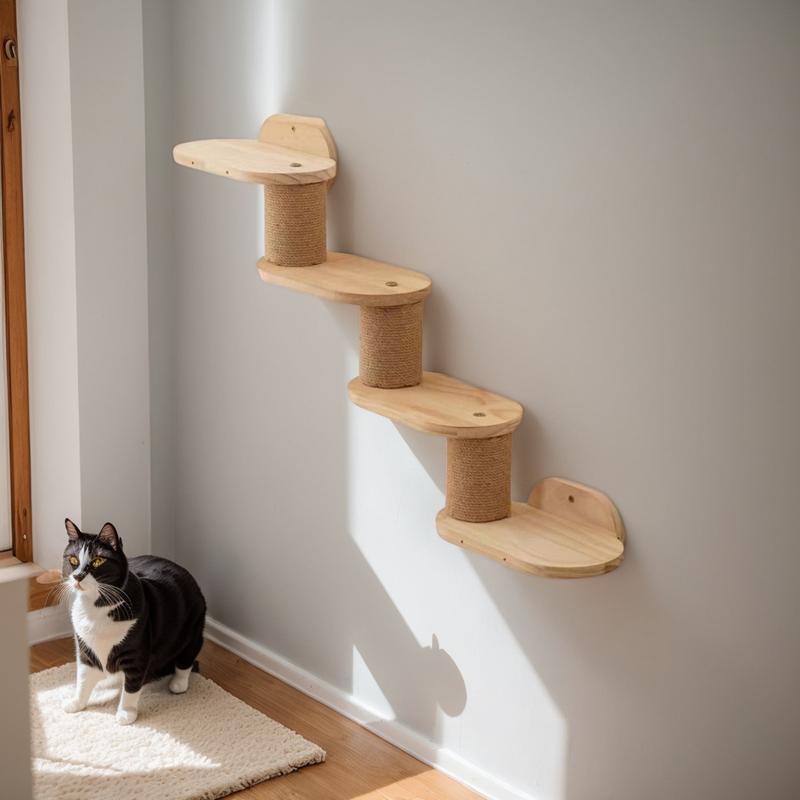 Cat Four Steps Stairway Wall Mounted Wooden Stairs Ladder Climber Shelf Perch for Scratching, Climbing, Jumping and Relaxing