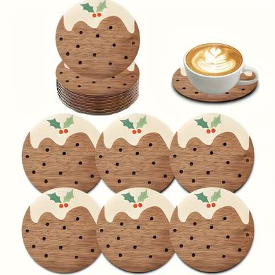 4pcs Festive Wooden Coasters with Christmas Tree & Snowflake Design - Ideal for Home, Office, Cafe, and Tea Room Decor