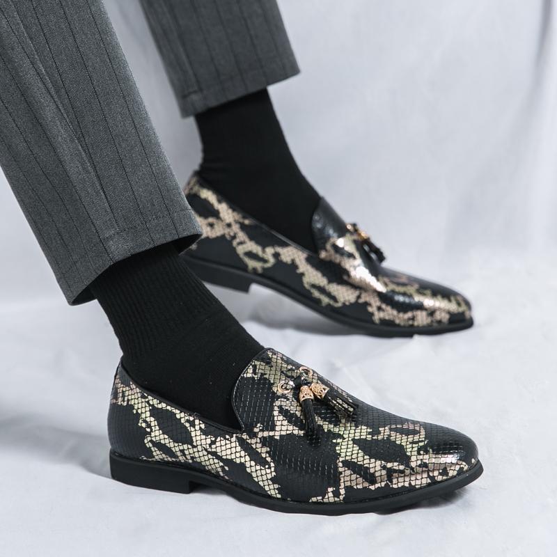Men Printing Loafers Leather Shoes Formal Business Flats Slip On Shoes Wedding Dress Prom Black Shoes Large Size