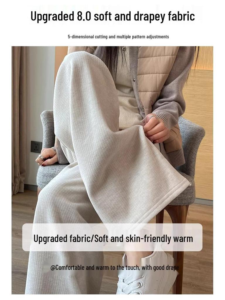 Extra Thick Oatmeal Cashmere Wide Leg Pants for Petite Women - Autumn Winter Style