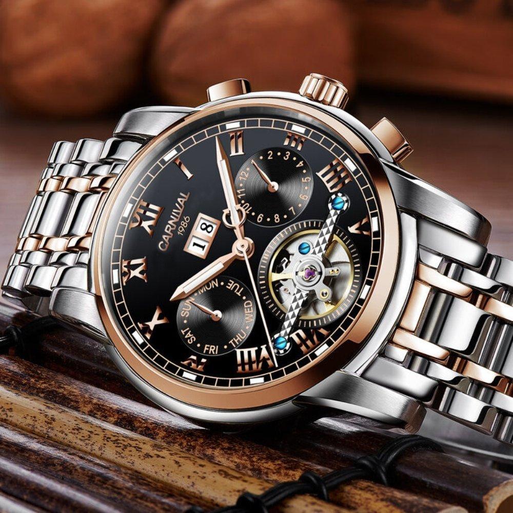 8759G Uhr Uhr Kalenderanzeige Dekoration [CARNIVAL] Herren [Analog/Mechanisch/Automatisch] (Schwarz/Roségold/Metall) (Datum) Chronographen-Stil