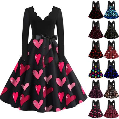 Women's Casual Fashion V-neck Long Sleeved Retro Love Print Retro Dress