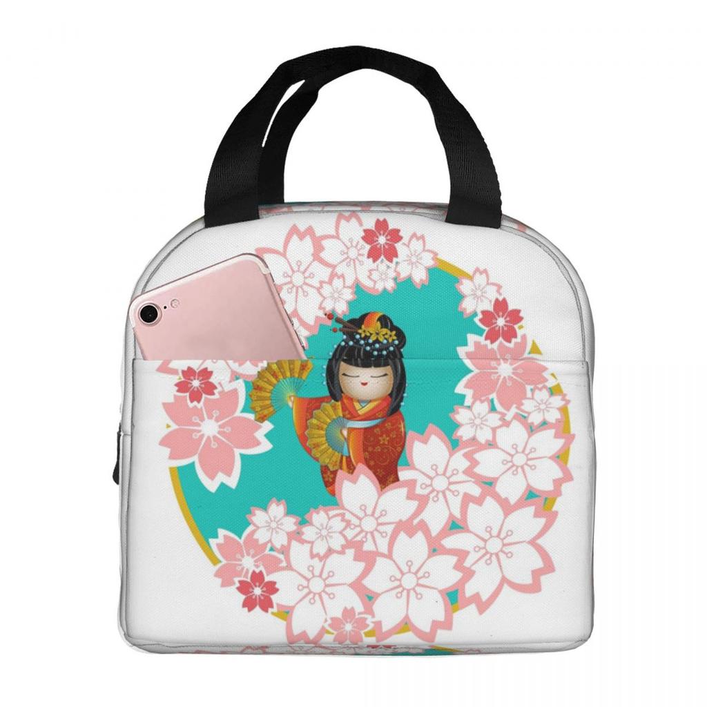 Japanese Sakura Kokeshi Doll Insulated Lunch Bag for Women Kids Leakproof Food Boxes Thermal Lunch Box Tote