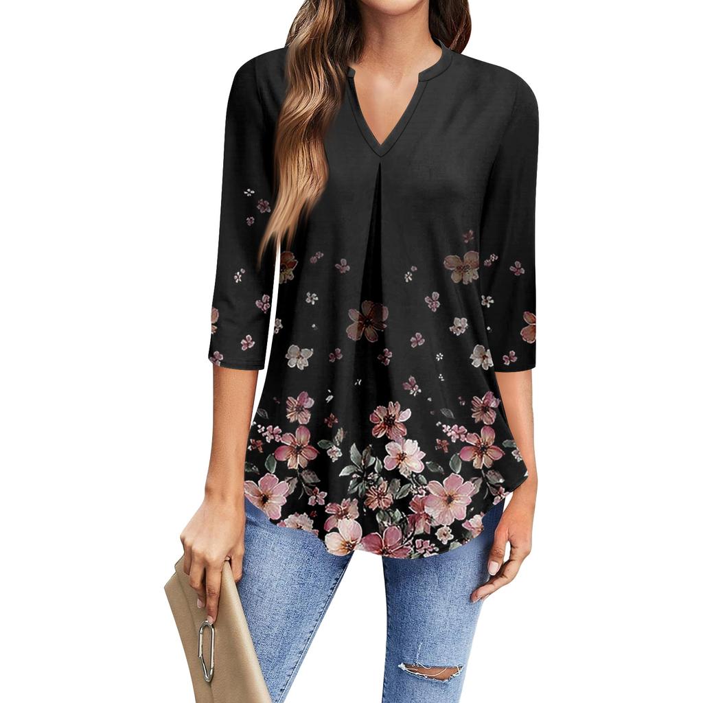 Women's Fashion Casual Three-Quarter Sleeve T-Shirt Printed V-Neck Top