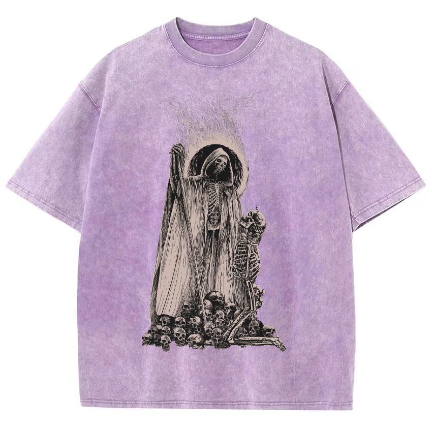 Horror Movie Style Women's T-Shirt Washed Denim Skull Print Oversized Loose Half Sleeve High Street Top