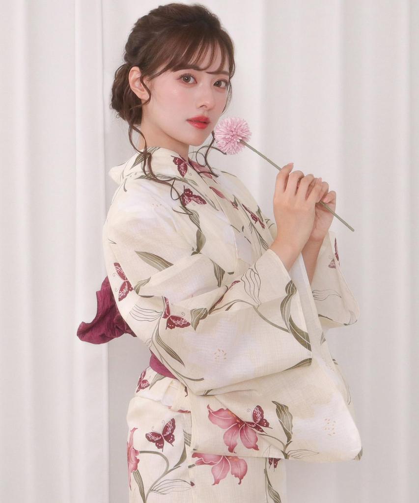 Yukata change set heiko AB size fits Scarlet Lily Butterfly [KYOETSU] set, weave, unbleached, two-part type, 4-piece (yukata, obi, underwear, geta),