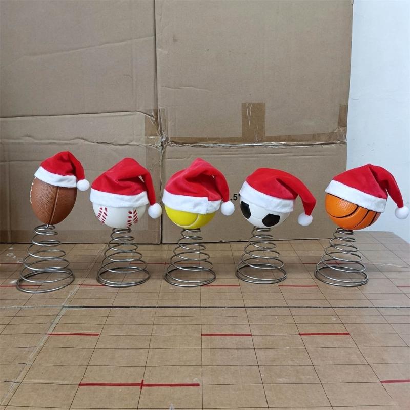 Sports Ball Christmas Tree Top Ornament, Spring Mounted Santa Hat Style for Indoor Holiday Party Tabletop Shelf Display