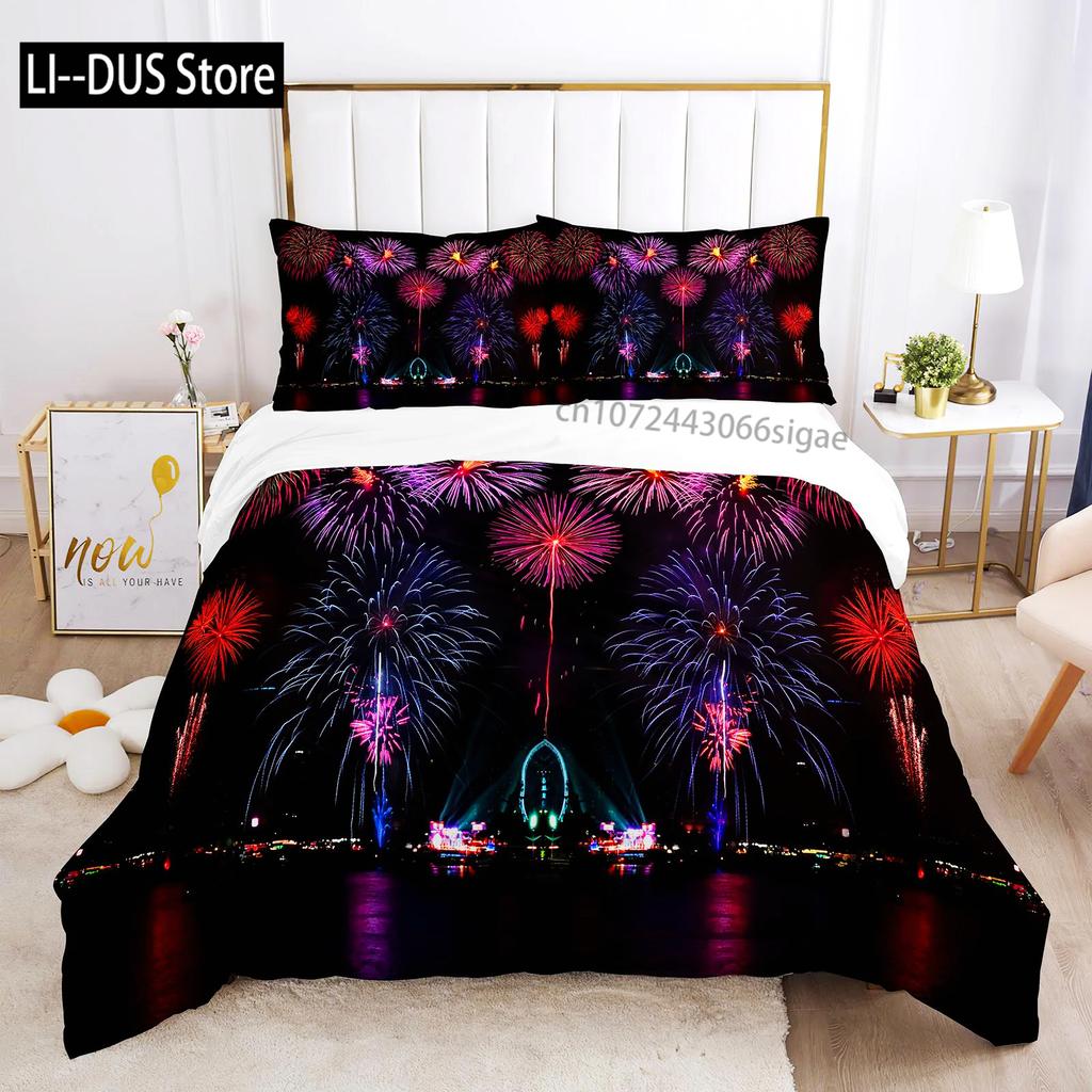 Colourful Fires Bedding Set Washed Cotton Firework Duvet Cover Queen Size Celebrate Merry Christmas Theme Soft Comforter Cover