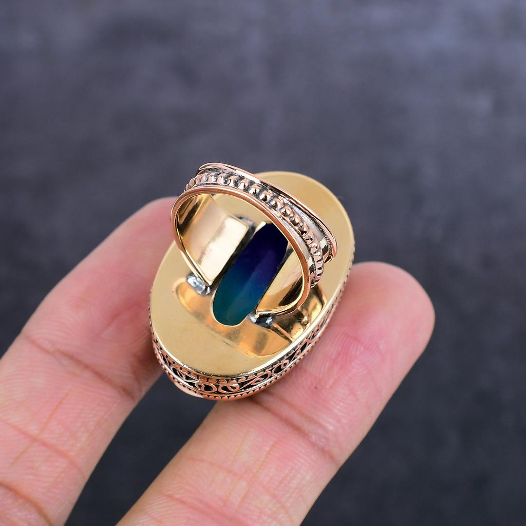 Naturalny Dwukolorowy Kamień Turmalinowy Ręcznie Robiona Miedziana Biżuteria Pierścionek Rozmiar 8 W3n69