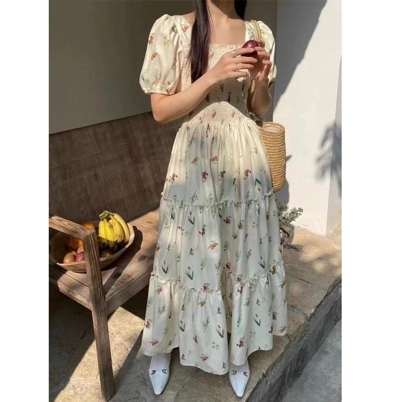 Gentle wind French square collar floral dress women's summer annual temperament vacation dress long