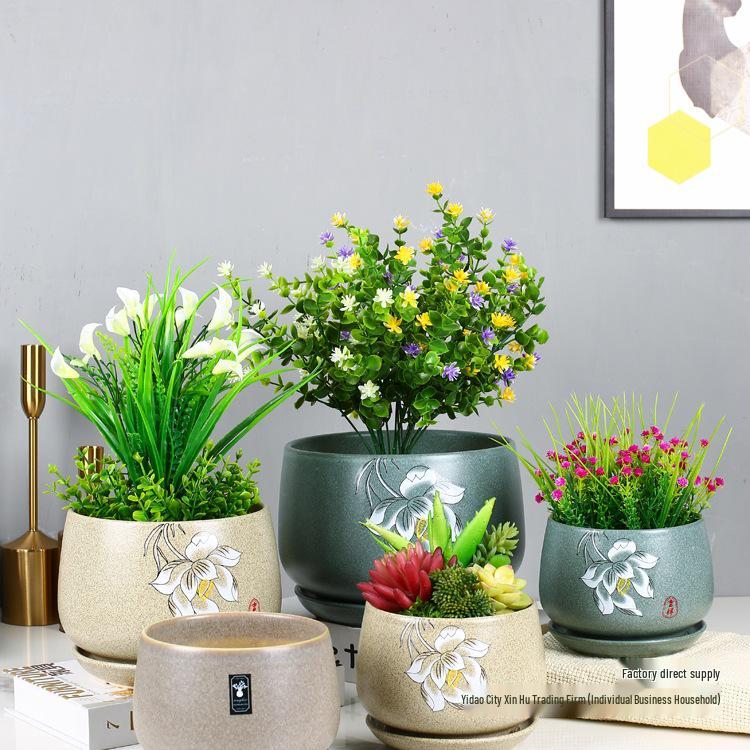 Kalanchoe Desert Mountain Rose Ceramic Succulent Pot with Tray & Silk Flower