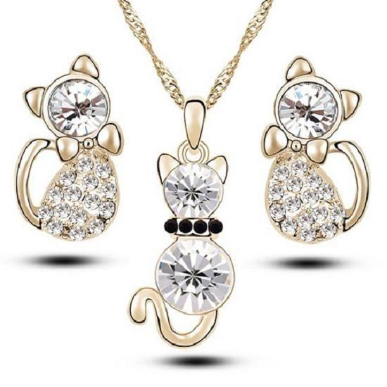Cat 3pcs Crystal Shaped Necklace Earrings Jewelry Set Gift Teen Girls For Women
