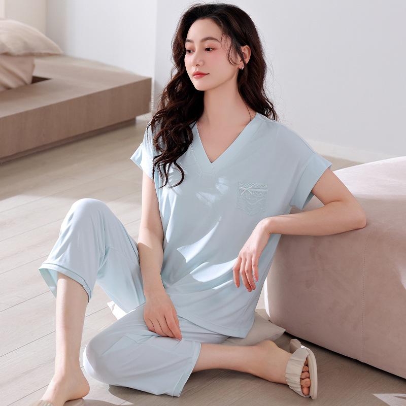 

Pajamas with chest pads, women s summer modal short-sleeved cropped pants, loungewear, summer thin casual suit M suggest 40-50kg
