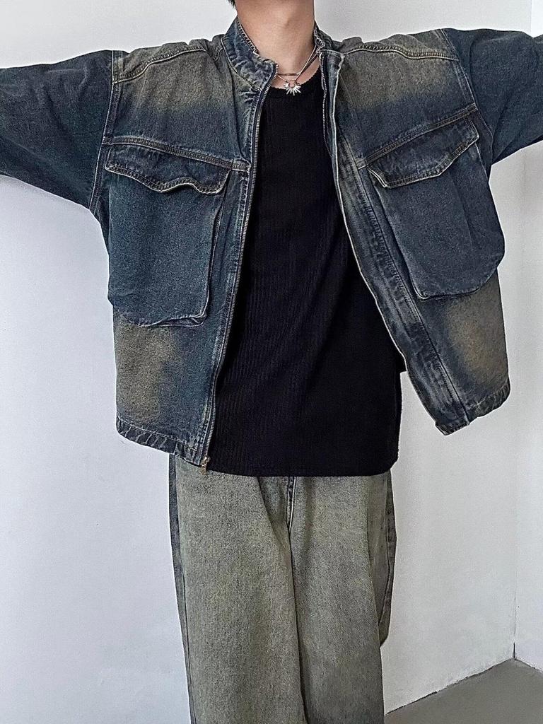 Nostalgic Blue Retro Denim Jacket - Men's Loose Fit with Large Pockets and Stand Collar for Spring & Autumn