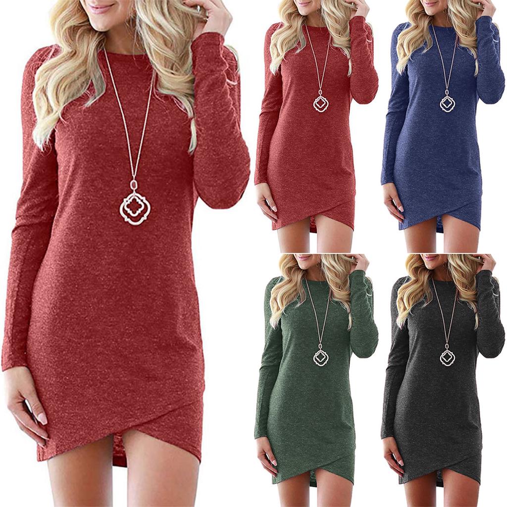 Vestido De Mujer Shrring Con Cuello Redondo Manga Larga Mini Vestido De Mujer Shrring Con Cuello Redondo Manga Larga Mini