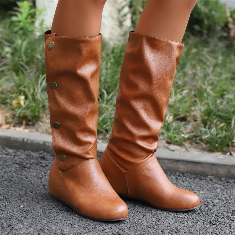 Women Boots 2025 Winter New Fashion Casual Mid Calf Boots Round Toe Buckle Plus Size 34-50 Lady Shoes Rivet Metal Decoration