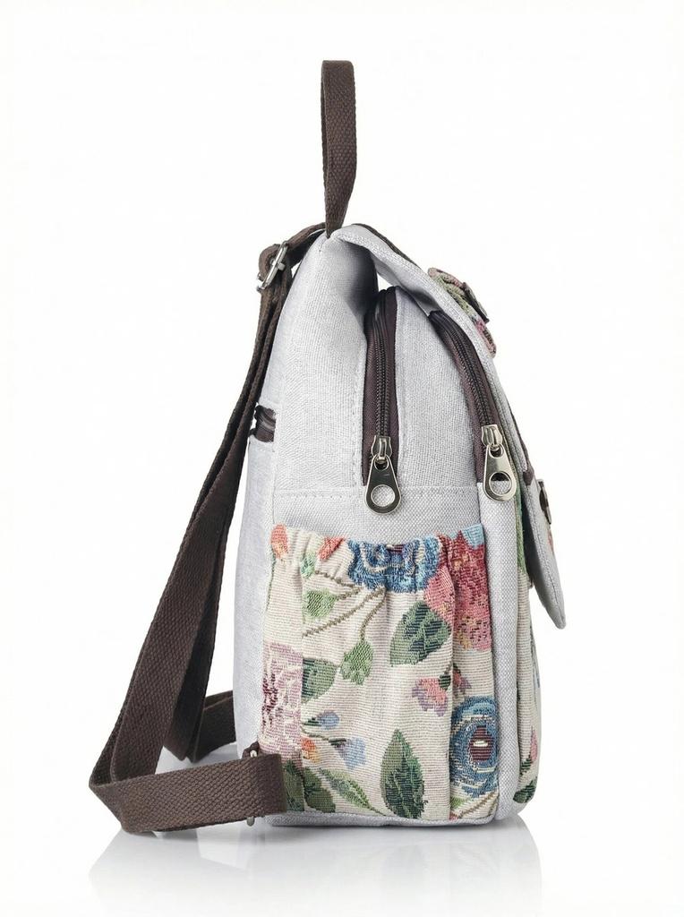 Ethnic Embroidered Canvas Backpack For Women With Floral Design And 15in Laptop Storage For Casual Travel And School