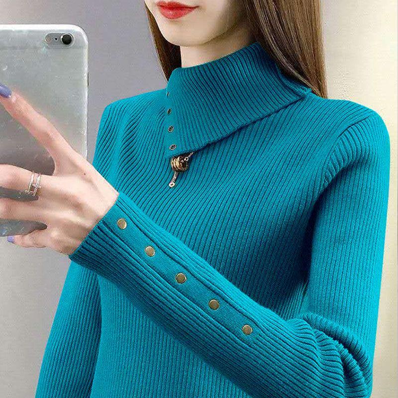 Turtle Neck Ribbed Sweater, Elegant Long Sleeve Sweater for Fall & Winter, Women's Clothing