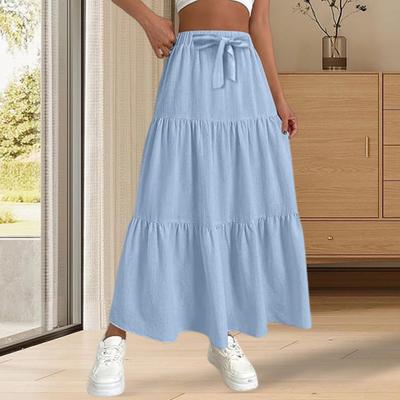 Frauen Maxi Rock Elastische Taille Einstellbare Kordelzug Rüschen Nähte Knöchel Länge Rock Solide