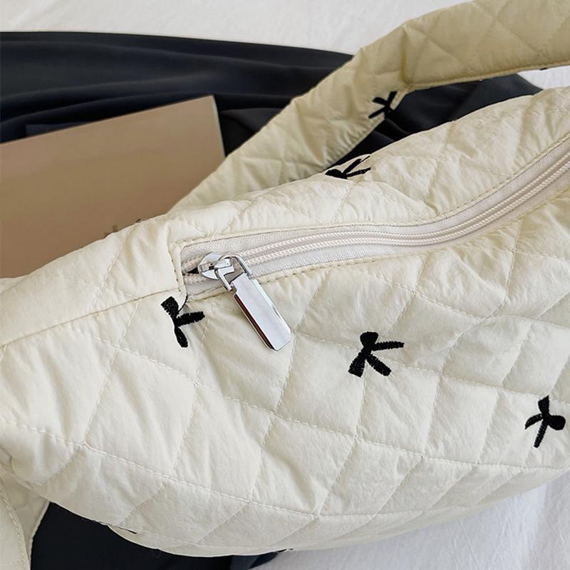 Women Nylon Bow Tie Crescent Crossbody Bag Large Capacity Quilted Dumpling Bag Padding Shoulder Bag Puffy Simple Satchel Bag CLE