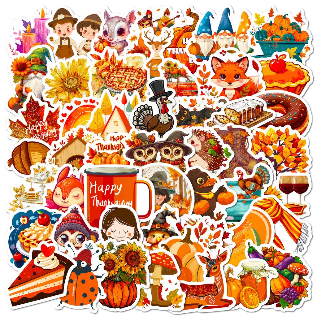50 Thanksgiving Graffiti Stickers Turkey Apple Pie Fall Harvest Holiday Celebration Decorative Luggage Stickers