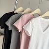Summer cotton simple solid Women's t shirts korean v-neck Short-sleeve T-shirt casual slim Elastic pink y2k Tops women clothing