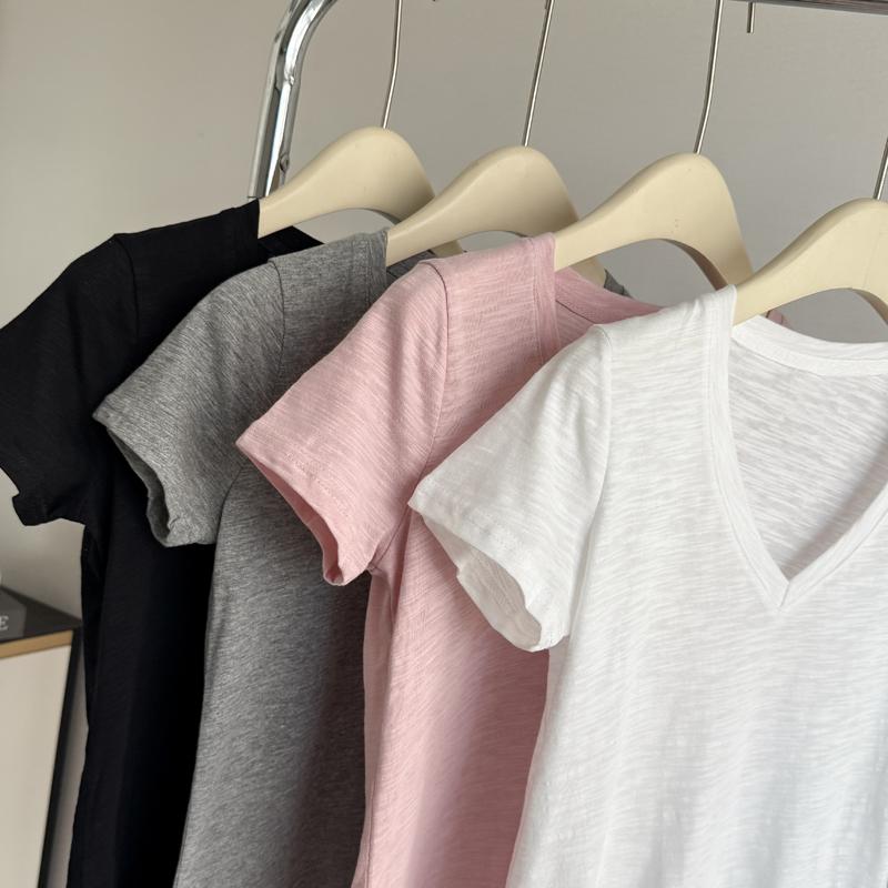 Summer cotton simple solid Women's t shirts korean v-neck Short-sleeve T-shirt casual slim Elastic pink y2k Tops women clothing