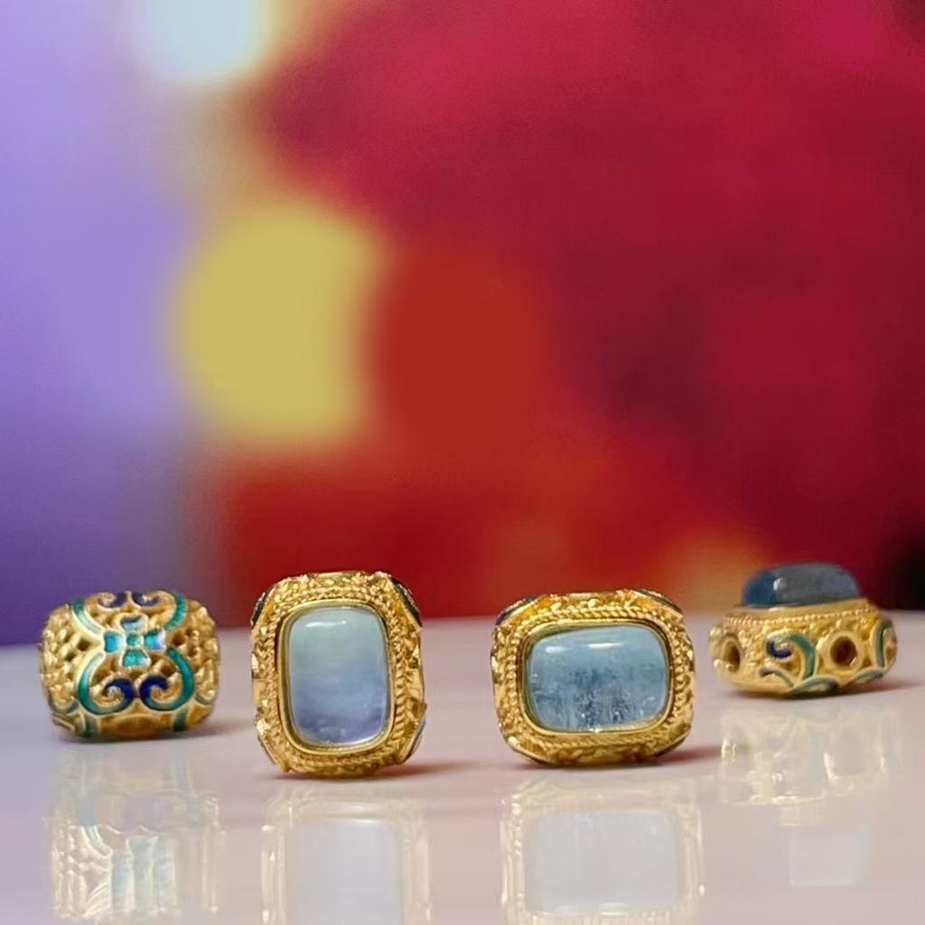 1Pc, Natural Stone Turquoise Aquamarine beads with hole, Boho handcrafted barrel-shaped beads accented with golden edges for Jewelry Making DIY