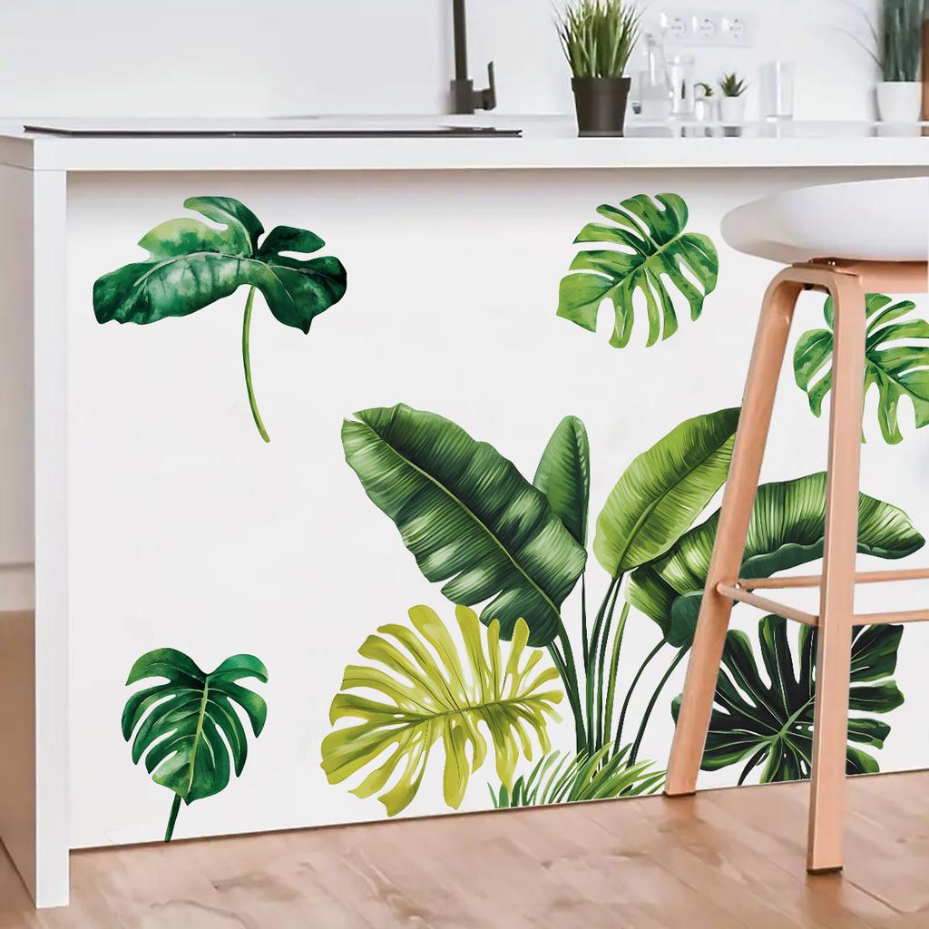 Tropical Green Plant Leaf Butterfly Wall Sticker Self-Adhesive Home Decor for Living Room Bedroom Entrance Decoration
