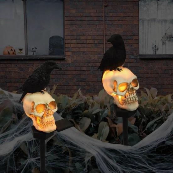Horror Party Gifts for Collectors LED Solar Crow Skull Light, Waterproof Halloween Pathway Gothic Spooky Yard Decorations Holidays on Skeleton