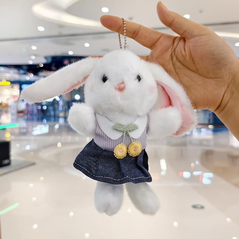 Cute Denim Plush Rabbit Doll Keychain Cartoon Bunny Bag Charm Pendant Claw Machine Prize