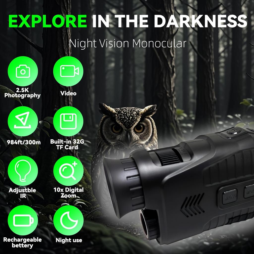 ABS R11 Night Vision Monocular With 32G Card- All-Black Stealth Vision For Outdoor Adventures - HD Photography & Video, Digital Zoom, Rechargeable