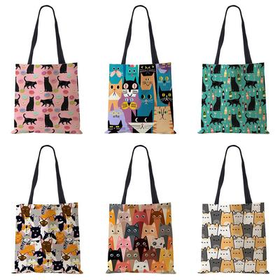 Women Handbag Linen Totes with Family Cat Print Casual Traveling Beach Gift Bags KTB