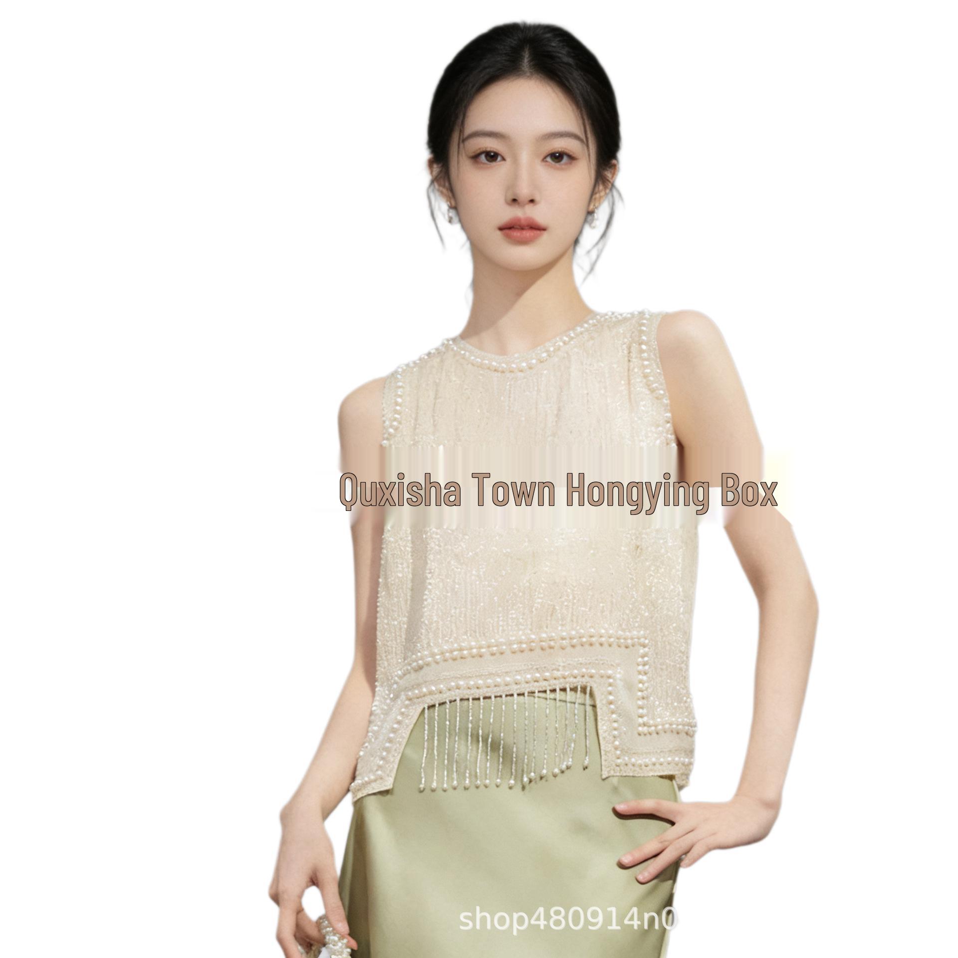 European & American Summer Elegant Beaded Chiffon Sleeveless Tassel Vest One Size белый