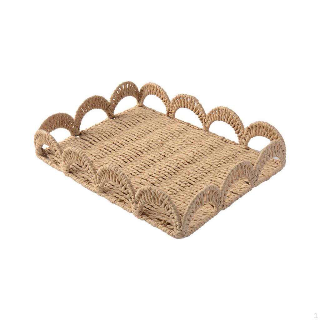Hand Woven Tray with Handles Handwoven Handle Beige Home Storage