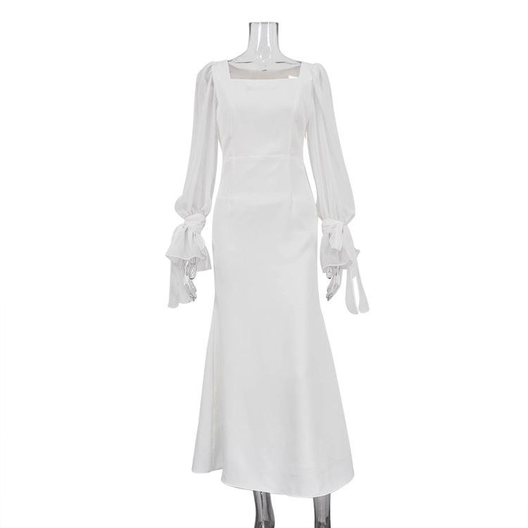 French-Style Fishtail Dress with Square Neck and Bell Sleeves